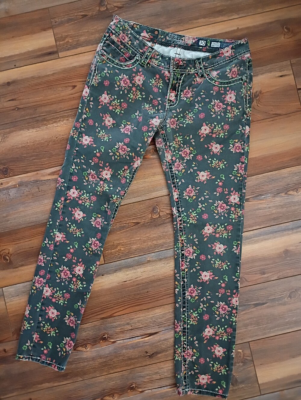 Miss Me Green Skinny Jeans with Pink Floral Print